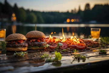 Rolgordijnen A buffalo meat burger in a summer barbecue on the edge of a lake., generative IA © Gabriel