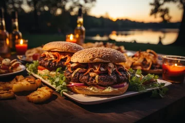 Foto auf Acrylglas Antireflex A buffalo meat hamburger at a barbecue party by the river., generative IA © Gabriel