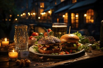 A lamb meat hamburger in a river restaurant with bridge., generative IA