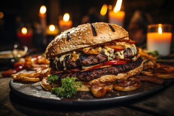 A pork hamburger at a winter barbecue party., generative IA - obrazy, fototapety, plakaty