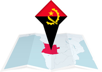 Angola pin flag and map on a folded map