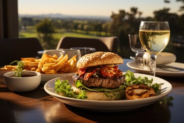 A gourmet hamburger with foie gras in a café overlooking a golf course., generative IA