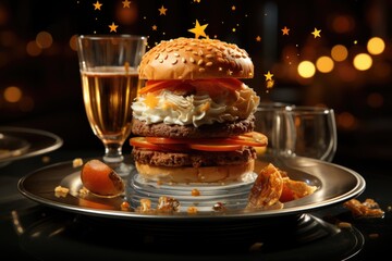 A gourmet hamburger with foie gras in a glass ceiling coffee overlooking the stars., generative IA - obrazy, fototapety, plakaty