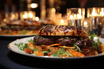 A gourmet hamburger with foie gras at a gala dinner., generative IA - obrazy, fototapety, plakaty