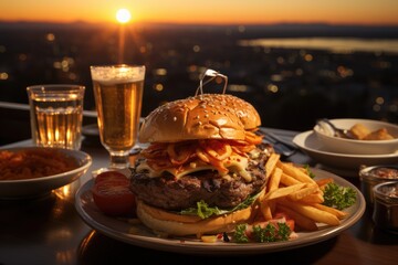 A gourmet hamburger with foie gras in a restaurant overlooking the sunset., generative IA - obrazy, fototapety, plakaty