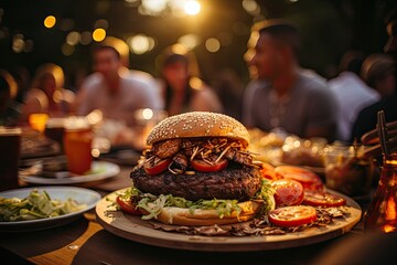 A triple hamburger in a summer barbecue with friends., generative IA