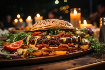 A vegan hamburger at an outdoor movie themed party., generative IA