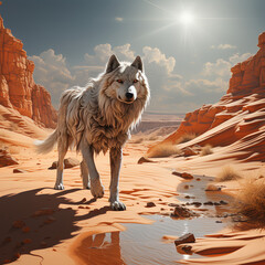 A white wolf walking in the desert and looking straight into the camera