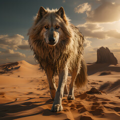 A white wolf walking in the desert and looking straight into the camera