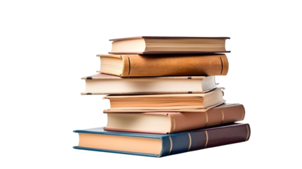 A tall stack of assorted books, with varying covers and sizes, neatly piled and isolated against a pure white backdrop