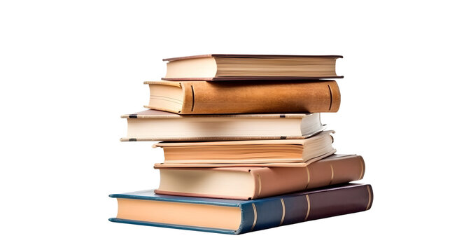 A tall stack of assorted books, with varying covers and sizes, neatly piled and isolated against a pure white backdrop