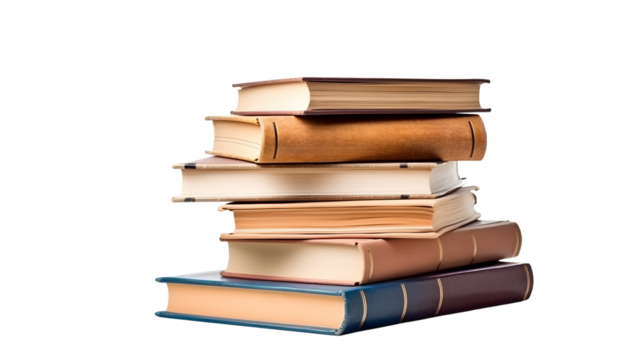 A tall stack of assorted books, with varying covers and sizes, neatly piled and isolated against a pure white backdrop