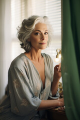 Fototapeta premium A beautiful mature female getting ready at her vanity desk