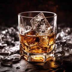 A close-up of a tumbler filled with ice cubes and whiskey.