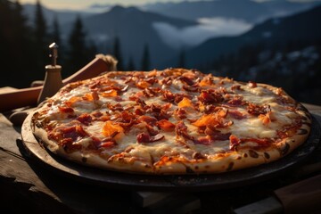 A pizza of bacon in a picnic during a day of walking on the mountain., generative IA