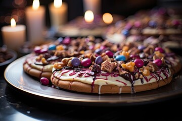 A cookie pizza at a theme party of superheroes with colorful decorations., generative IA - obrazy, fototapety, plakaty