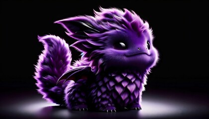 Cute lilac baby dragon. Cartoon character fluffy purple dragon. Funny Fantasy monster with wings and big eyes. Fairy-tale hero. Children book. Illustration of tales. Toy design. Print. Copy space