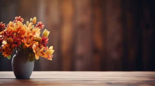 Elegant vase with autumnal flowers on wooden surface, warm tones background. Perfect for cozy interior themes.
