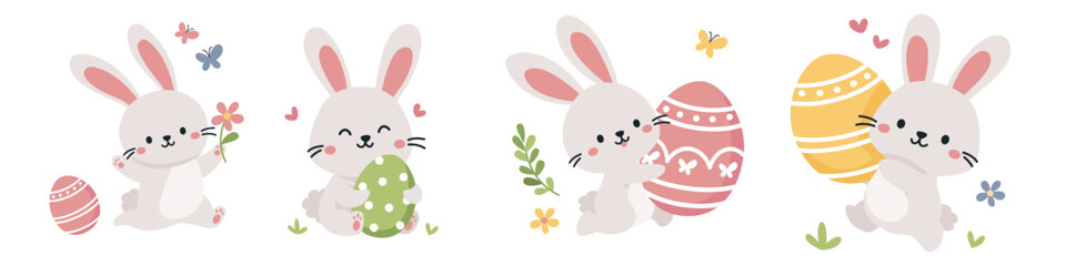 Set of flat vector illustrations for Easter holiday. Cute bunnies running with Easter eggs, grass, butterflies and flowers. Vector illustration