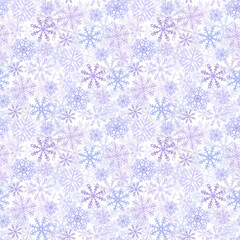 Snowflakes seamless pattern, blue lilac frost crystals. Symbol of winter, cold weather. New Year and Christmas holiday card. Hand drawn watercolor illustration on white background.