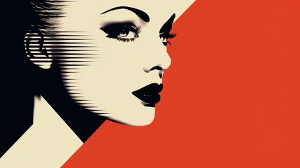 Stylized pop art portrait of a woman, bold monochrome with red backdrop, ideal for modern graphic projects.