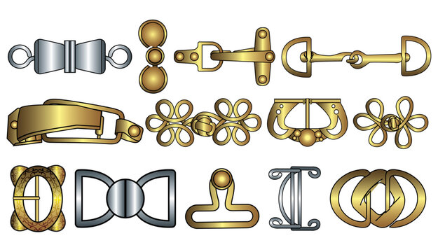 D ring and Belt buckle flat sketch vector illustration set, different types belt with Frame buckle, berg buckle and ring buckles accessories for belt, jewellery, dress fasteners and Clothing belt