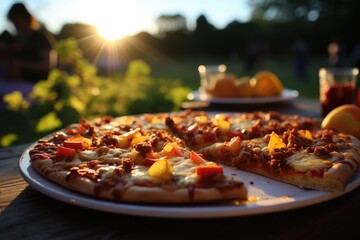 An apple cruble pizza at an outdoor party with tents., generative IA