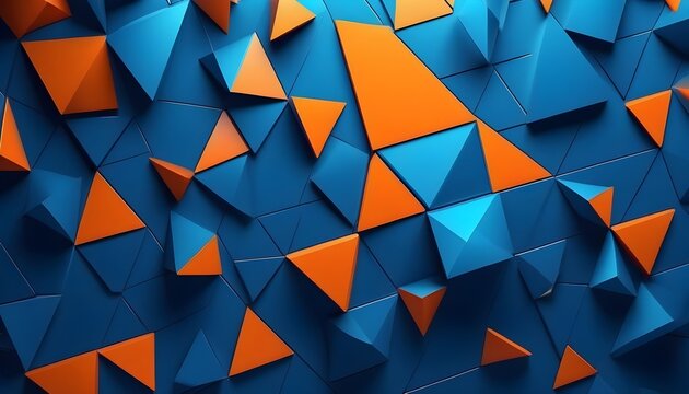Abstract blue orange geometric futuristic technology texture with triangular 3d triangles shapes pattern wall background banner illustration, backdrop for design web, wallpaper
