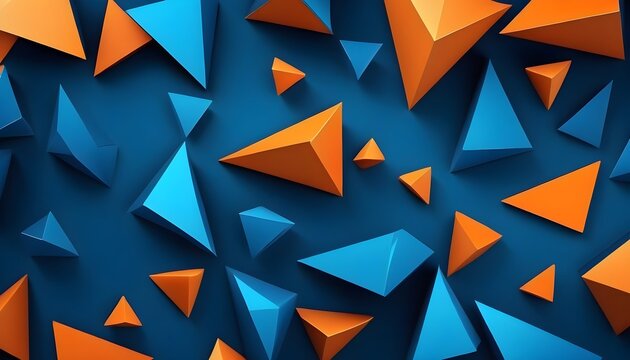 Abstract blue orange geometric futuristic technology texture with triangular 3d triangles shapes pattern wall background banner illustration, backdrop for design web, wallpaper