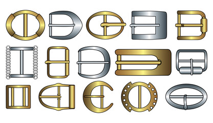 D ring and Belt buckle flat sketch vector illustration set, different types belt with Frame buckle, berg buckle and ring buckles accessories for belt, jewellery, dress fasteners and Clothing belt - obrazy, fototapety, plakaty