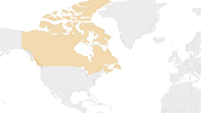 Animation of Canada country map on the world map. Animation of map zoom in with border and marking of major cities and capital of the country Canada. Background with alpha channel. Motion design.