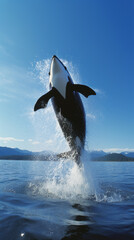 orca whales jumping out of the water - obrazy, fototapety, plakaty