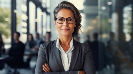 Smiling smart attractive mature Latin lady in glasses standing in lobby and looking at camera, she working in prosperous company - obrazy, fototapety, plakaty