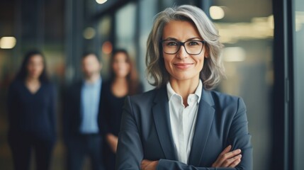 Successful mature businesswoman standing in creative office and looking at camera. Smart woman entrepreneur in a coworking space smiling. Portrait of beautiful business woman standing in front of team