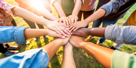Multiethnic group of young people putting their hands on top of each other.  Image of young students doing a stack of hands outdoors on a sunny day. - obrazy, fototapety, plakaty