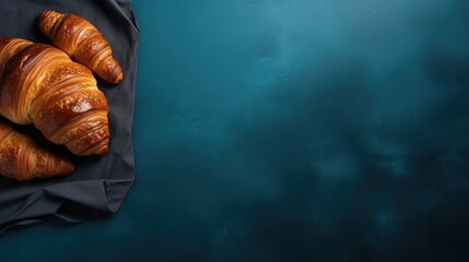 puff rich baked  croissant on deep blue color , space for text  - obrazy, fototapety, plakaty