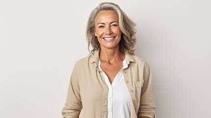 Portrait of a smiling female doctor standing with arms in hands in pockets over white background