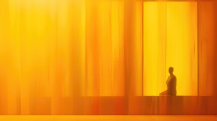 Orange silk background and silhouette of a person in a hall. Alone 
