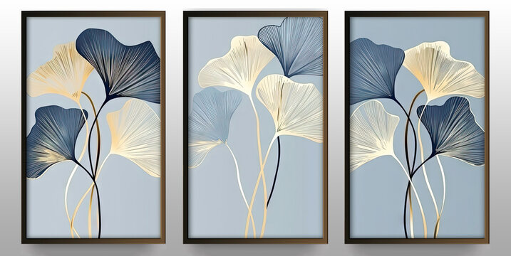 Set of painting artworks of ginkgo leaves on blue background. Plant art design.