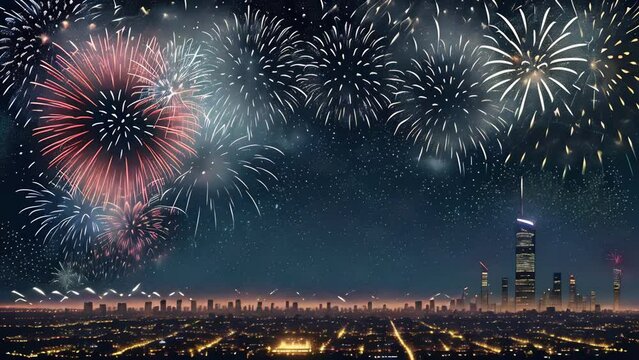 Fireworks explode in the night sky over the city, festive atmosphere