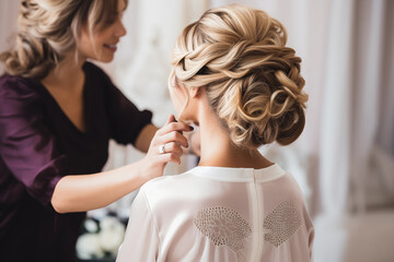 Hairdressers arranging elegant updos, with space for special occasion hairstyling