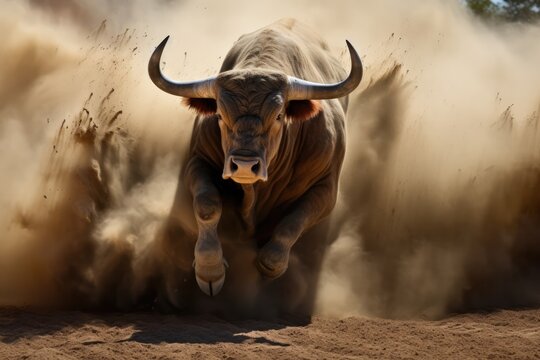 Charging Bull Raising Dust In Striking Photograph