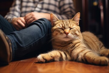 Couple's Feet Provide Comfortable Resting Spot For Cat