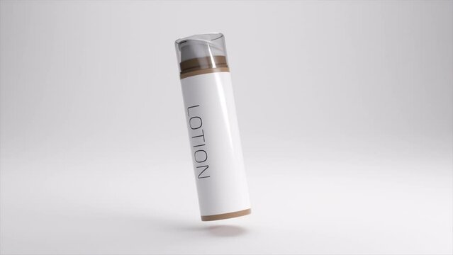 Sleek cosmetic lotion dispenser in 3D animation, featuring a modern, translucent cap and smooth design on a cool backdrop.