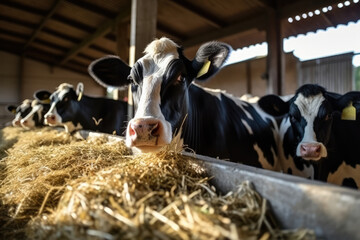 Cows Enjoying Hay In Cowshed, Nature Landscapes