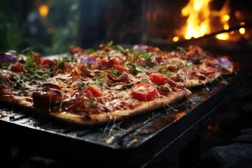 Foto op Plexiglas A gelatin pizza at a summer party with river barbecue., generative IA © Gabriel