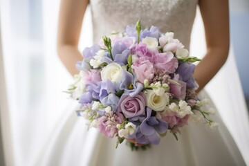 Obraz na płótnie Canvas Elegant Bride Holding A Bouquet In Pastel Colors