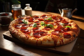 A perfectly baked pepperoni pizza on a rustic wooden table in an Italian pizzeria., generative IA - obrazy, fototapety, plakaty