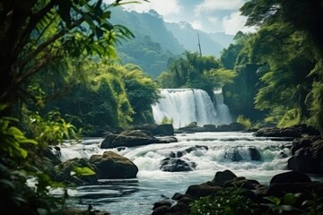 River Waterfall Surrounded By Lush Green Mountains And Dense Rainforest: Tranquil Still Life