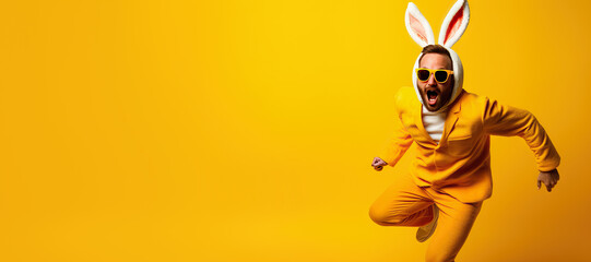 Man in Bunny Costume Celebrating Easter on Yellow Background